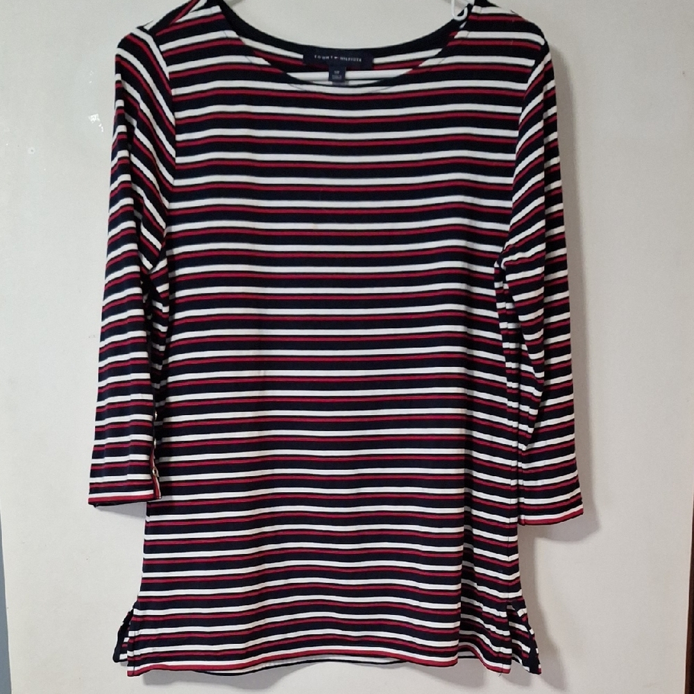 Tommy Hilfiger Navy and Red Striped Long Sleeve Top